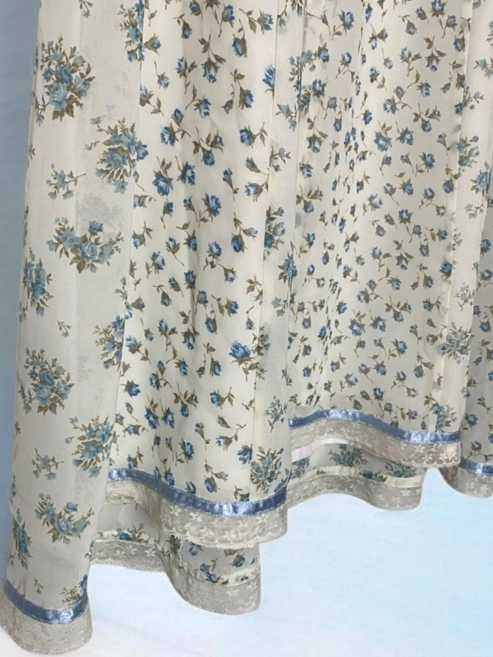 Vintage Canlemon Floral Midi Dress Cottagecore Lace Trim Blue White  - Size L